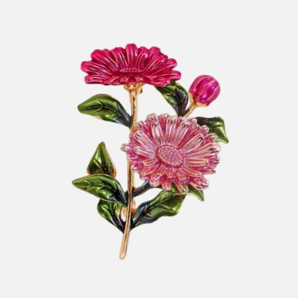 Pink flower brooch pin with light and dark enamel flowers, and with green leaves - Picture 1 of 5